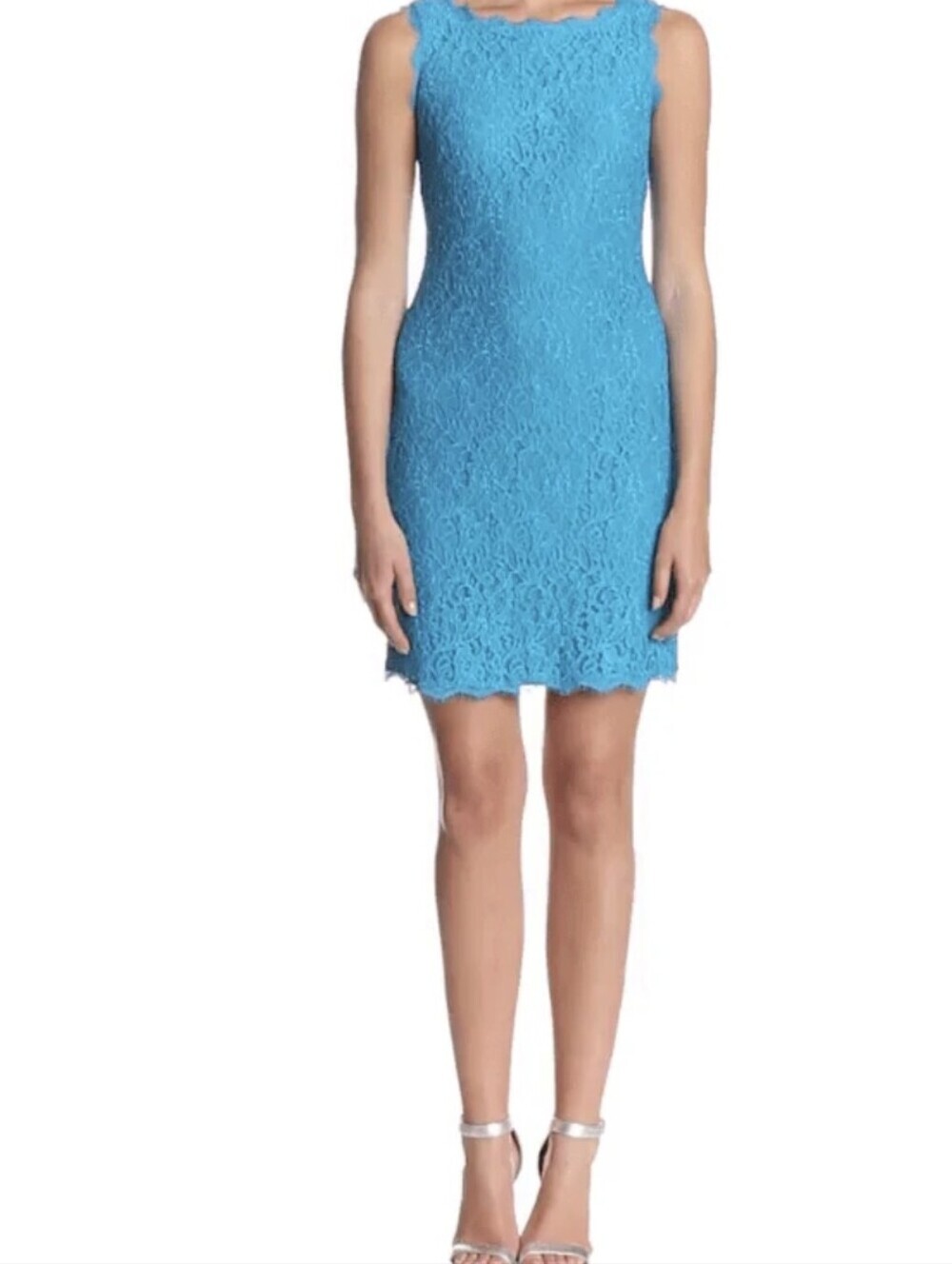 Adrianna Papell Light Blue Scalloped Lace Midi Sheath Dress...Size:8